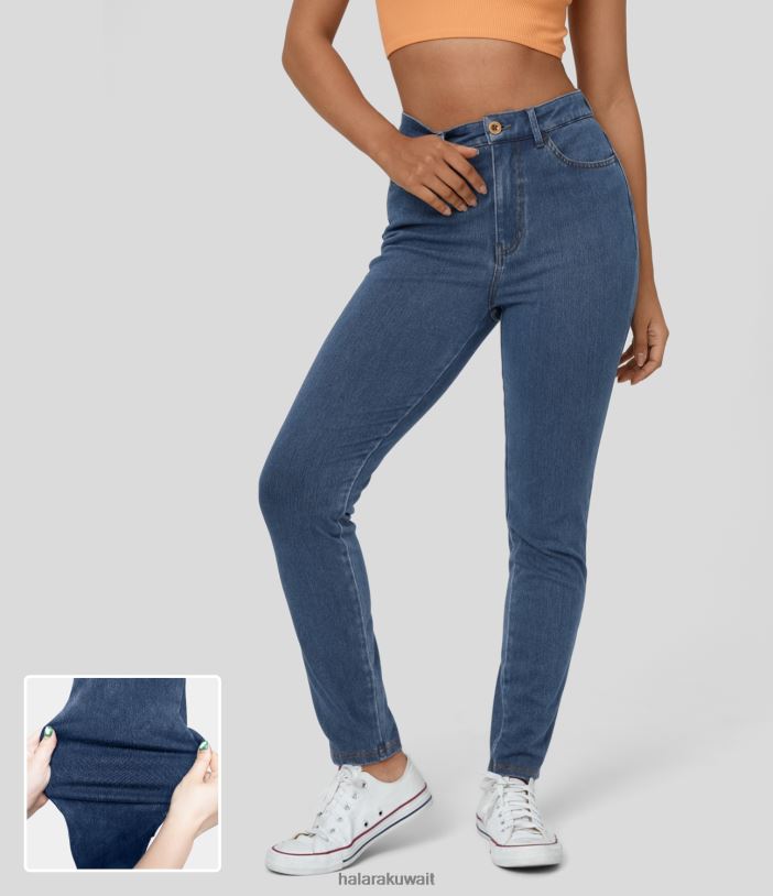 ملابس بحيرة الدنيم الأزرق TDP4N1322 نحيف Halara جينز كاجوال بخصر عالٍ وسحاب وجيوب متعددة ومتماسك ومطاط