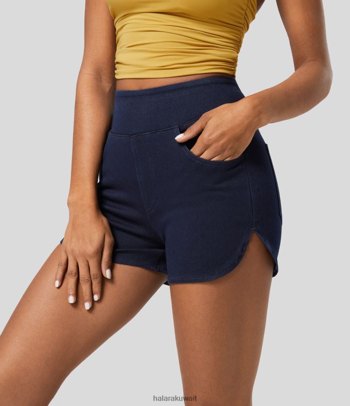 ملابس الحبر الأزرق الدنيم TDP4N1325 نحيف Halara شورت سحري عالي الخصر بجيوب متعددة وحاشية منحنية نحيفة ومغسولة ومطاطة من قماش الدنيم غير رسمي 3''