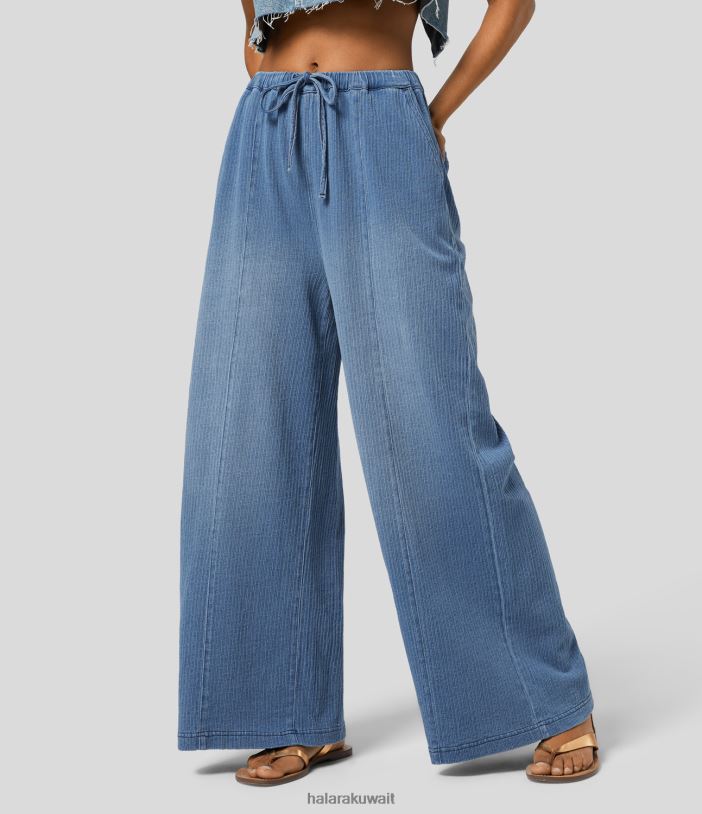 ملابس الدنيم بوش الأزرق TDP4N1326 نحيف Halara بنطال جينز سحري متوسط ​​الارتفاع برباط وجيوب متعددة ومغسول وقابل للتمدد كاجوال بأرجل واسعة