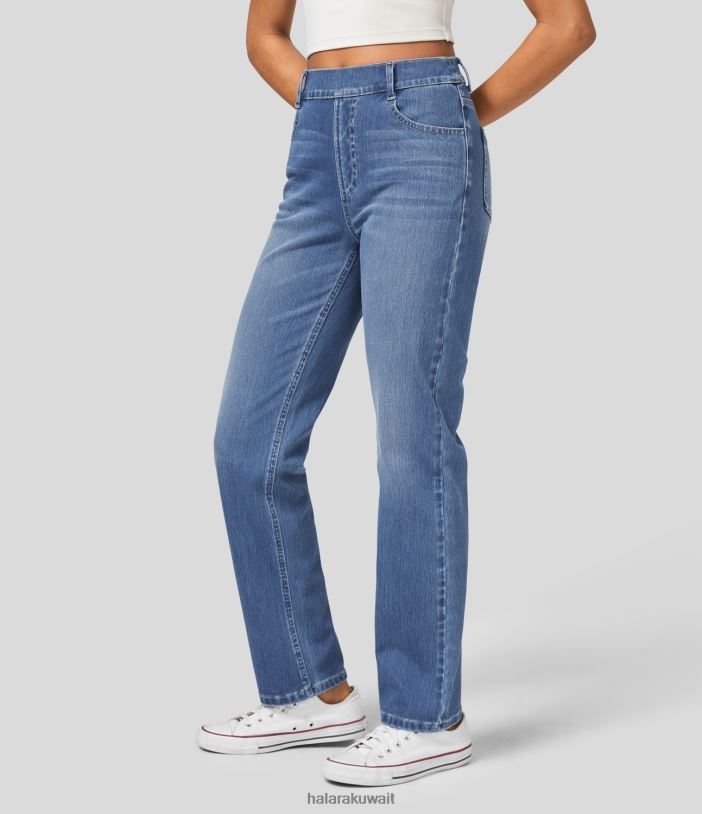 ملابس الدنيم شجرة التنوب الأزرق TDP4N1327 نحيف Halara جينز كاجوال بخصر عالٍ وجيوب متعددة وساق مستقيمة ومغسول ومتماسك ومطاط