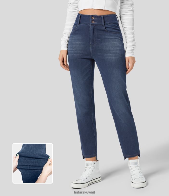 ملابس الدنيم الأزرق النفاث TDP4N1330 نحيف Halara جينز كاجوال بخصر عالٍ وسحاب وجيوب متعددة وساق مستقيمة ومغسول ومتماسك ومطاط