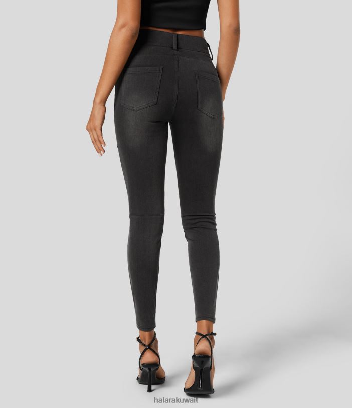 ملابس الدنيم الأسود الرمادي القذر TDP4N1334 نحيف Halara بنطال ضيق سحري عالي الخصر بجيوب متعددة 7/8 من قماش الدنيم القابل للتمدد لراكبي الدراجات النارية