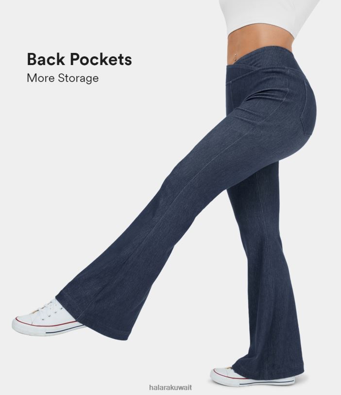 ملابس الدنيم المغسول باللون الأزرق الداكن TDP4N1335 نحيف Halara بنطال جينز كاجوال بخصر عالٍ وجيب خلفي ومتماسك ومطاط