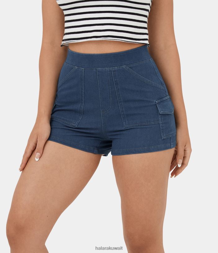 ملابس الدنيم المغسول باللون الأزرق الداكن TDP4N1336 نحيف Halara شورت سحري عالي الخصر بجيوب متعددة وملمس رائع وجيد التهوية ومغسول وقابل للتمدد من قماش الدنيم غير الرسمي 2.5 بوصة