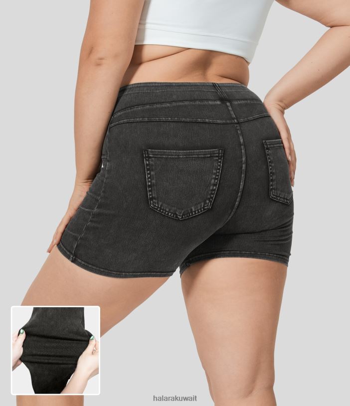 ملابس الدنيم الأسود TDP4N1338 نحيف Halara شورت سحري عالي الخصر وجيب جانبي خلفي ومطاط من قماش الدنيم غير رسمي مقاس كبير 3"