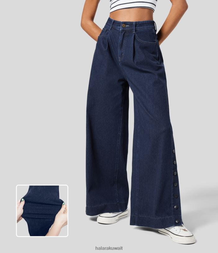 ملابس الدنيم المياه الزرقاء العميقة TDP4N1340 نحيف Halara جينز سحري بخصر عالٍ وسحاب وجيوب متعددة وجيوب متعددة ومتماسكة ومطاطة كاجوال بأرجل واسعة وطول كامل
