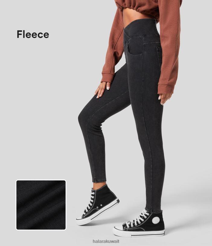 ملابس الدنيم الأسود القاتم TDP4N1345 نحيف Halara سروال متقاطع سحري عالي الخصر وجيوب متعددة من قماش الدنيم الصوفي القابل للتمدد كاجوال 7/8