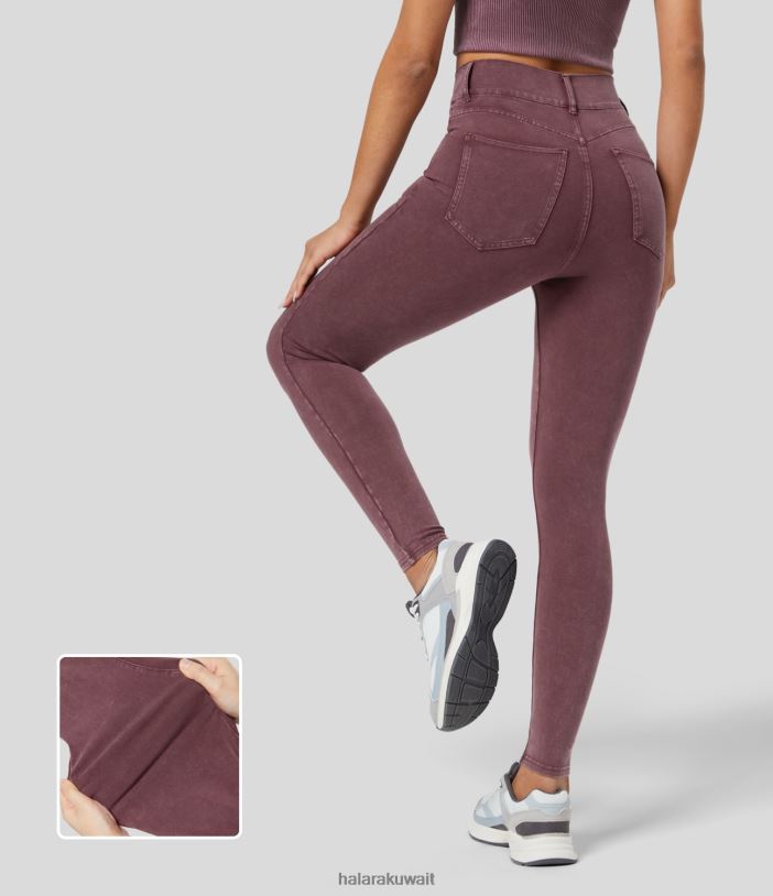 ملابس الدنيم الأحمر الداكن TDP4N1347 نحيف Halara بنطال جينز كاجوال بخصر عالٍ ومتعدد الجيوب ومغسول وملون ومتماسك ومطاط