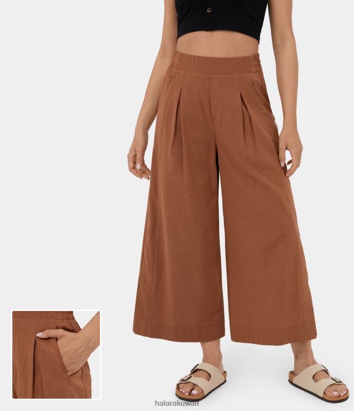 ملابس الصدأ الأحمر TDP4N134 نحيف Halara سراويل قطنية غير رسمية ذات خصر مرتفع وجيوب متعددة وحاشية مقسمة وساق واسعة من Palazzo Capri