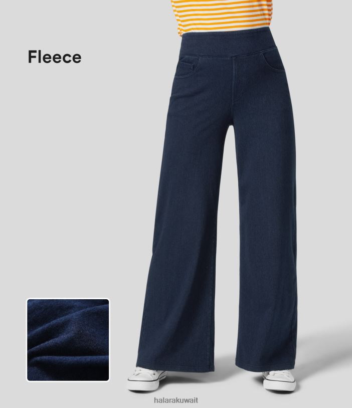 ملابس الدنيم الأزرق TDP4N1353 نحيف Halara جينز سحري عالي الخصر وجيوب متعددة وأرجل واسعة ومتماسكة من الصوف الكاجوال