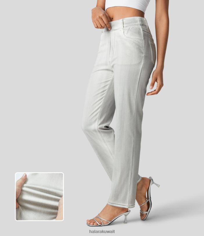 ملابس الدنيم الأبيض القذر TDP4N1354 نحيف Halara جينز كاجوال بخصر عالٍ وجيوب متعددة وأرجل مستقيمة ومتماسكة وقابلة للتمدد