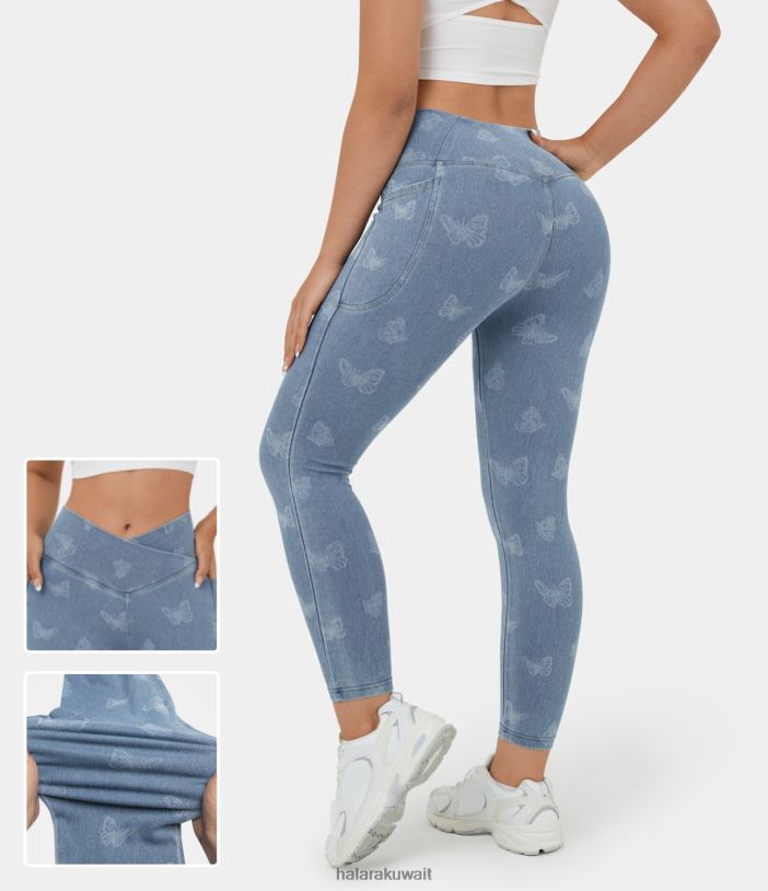 ملابس طباعة فراشة الدنيم TDP4N1356 نحيف Halara سروال جينز سحري عالي الخصر وجيب جانبي وطباعة فراشة ومتماسك من قماش الدنيم الكاجوال 7/8