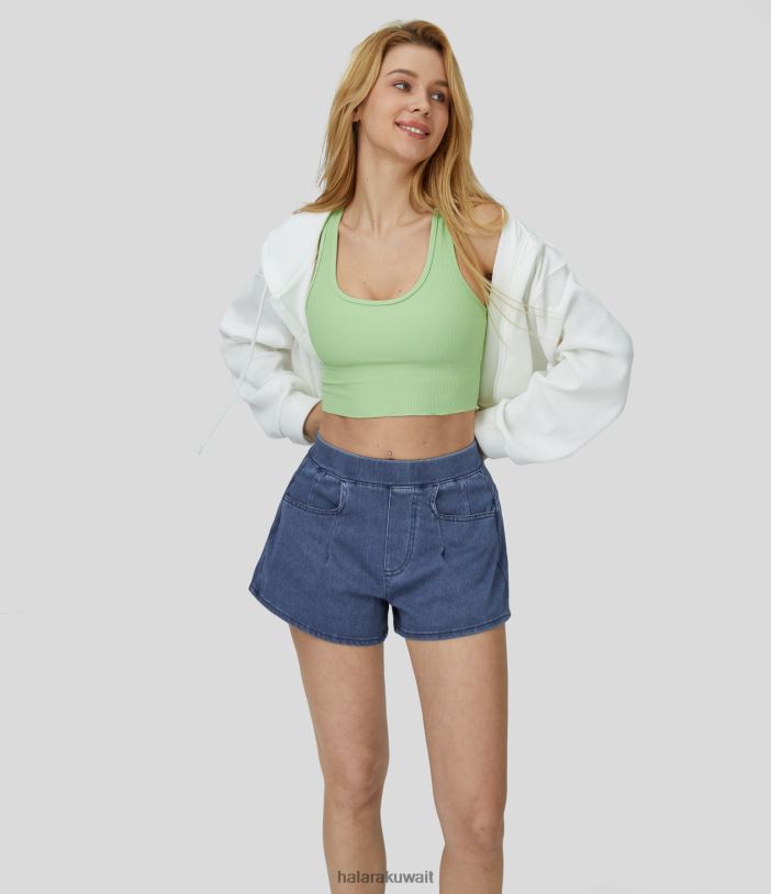 ملابس بحيرة الدنيم المغسولة باللون الأزرق TDP4N1357 نحيف Halara شورت كاجوال من قماش الدنيم المنسوج القابل للتمدد بخصر عالٍ وجيب جانبي سحري