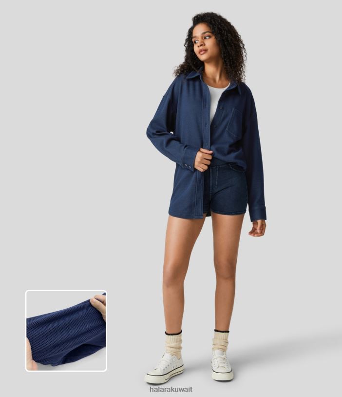 ملابس الهراء الأزرق الداكن TDP4N1361 نحيف Halara سترة كاجوال من قماش الدنيم بجيب صدر سحري وزر أمامي وحاشية منحنية ومتماسكة ومطاطة