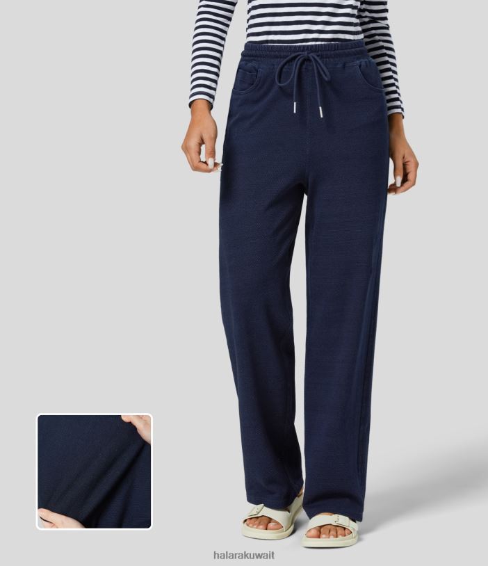 ملابس الدنيم الهراء الأزرق TDP4N1365 نحيف Halara جينز كاجوال بخصر عالٍ برباط وجيب جانبي وساق مستقيمة ومتماسك ومطاط