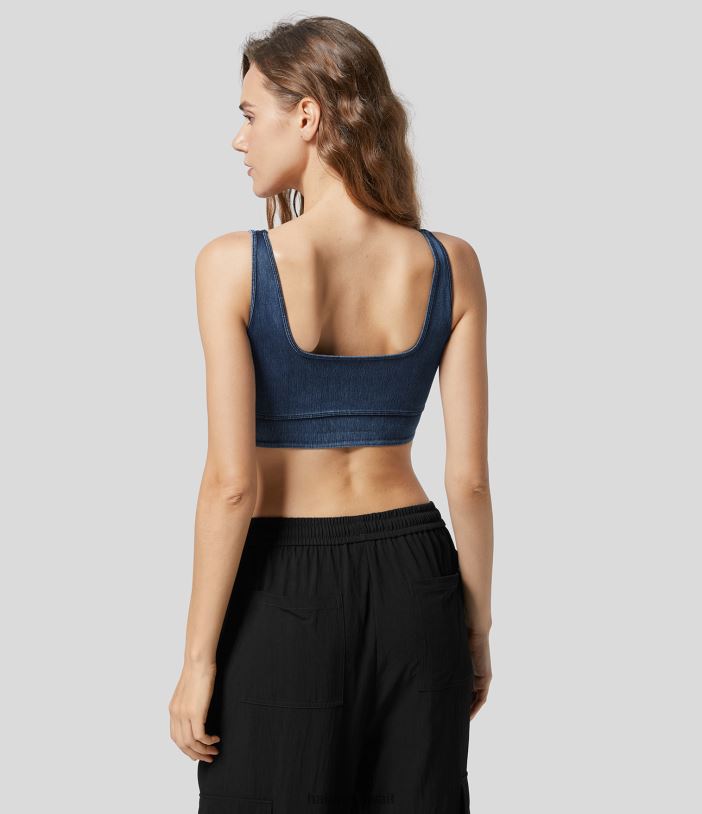 ملابس بحيرة الدنيم المغسولة باللون الأزرق TDP4N1368 نحيف Halara سترة علوية كاجوال بدون أكمام برقبة على شكل حرف U سحرية بدون ظهر من قماش الدنيم المتماسك القابل للتمدد