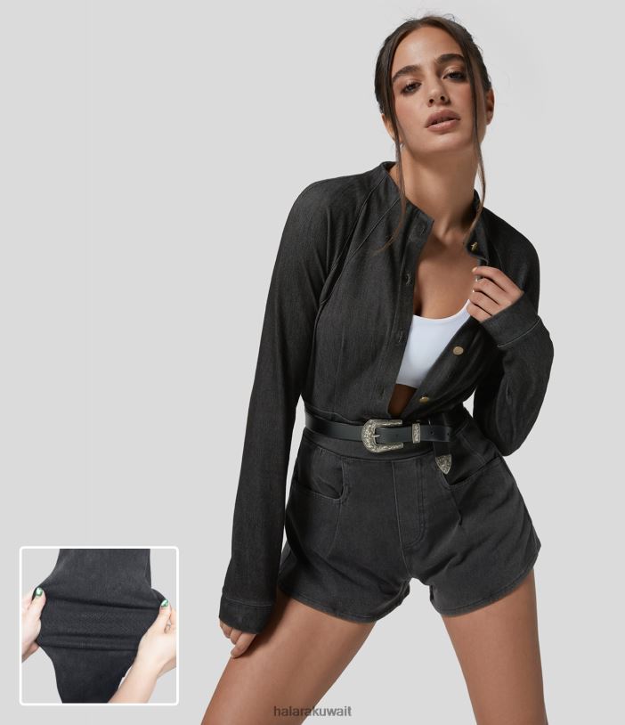 ملابس الدنيم المغسول باللون الأسود TDP4N1369 نحيف Halara سترة عمل رفيعة ذات ياقة واقفة سحرية وجيب وأكمام طويلة من قماش الدنيم المتماسك القابل للتمدد