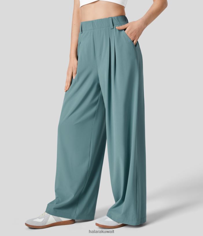 ملابس الحجر الأزرق TDP4N136 نحيف Halara بنطال كاجوال بخصر عالٍ وجيب جانبي مطوي وواسع الساق وواسع من بالازو وسريع الجفاف