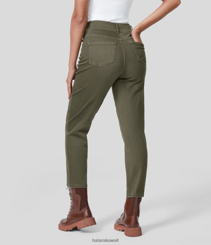 ملابس اللازورد الأخضر TDP4N1371 نحيف Halara بنطال جينز مدبب كاجوال بخصر عالٍ ومتعدد الجيوب وملون ومطاط