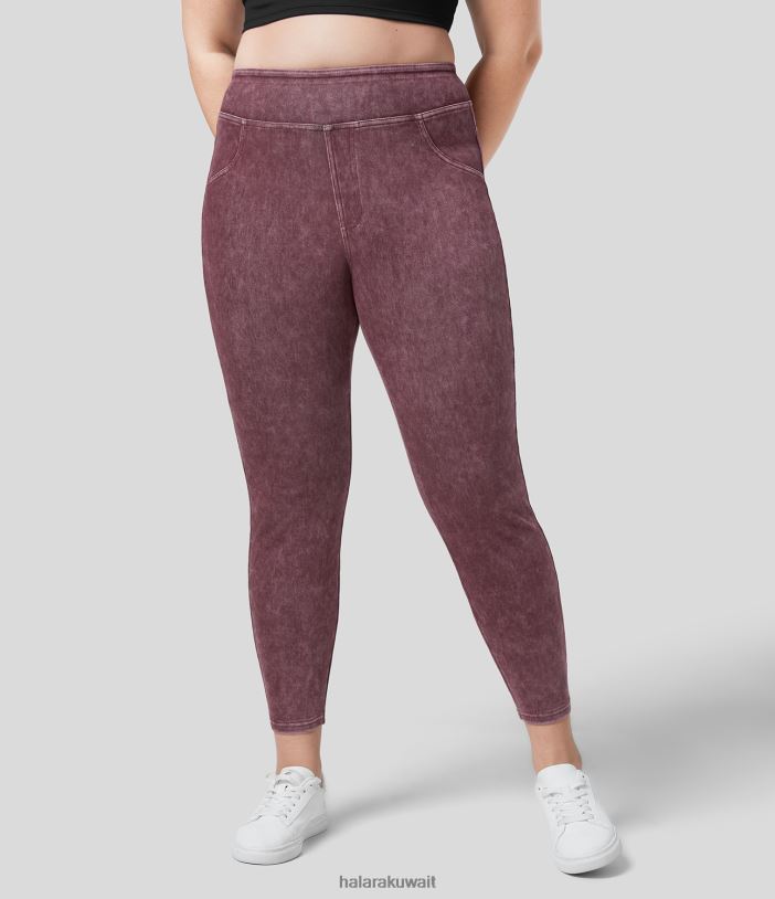 ملابس نبيذ وندسور الدنيم المغسول TDP4N1379 نحيف Halara سروال جينز سحري عالي الخصر وجيب جانبي خلفي ملون ومطاط من قماش الدنيم كاجوال مقاس 7/8 مقاس كبير