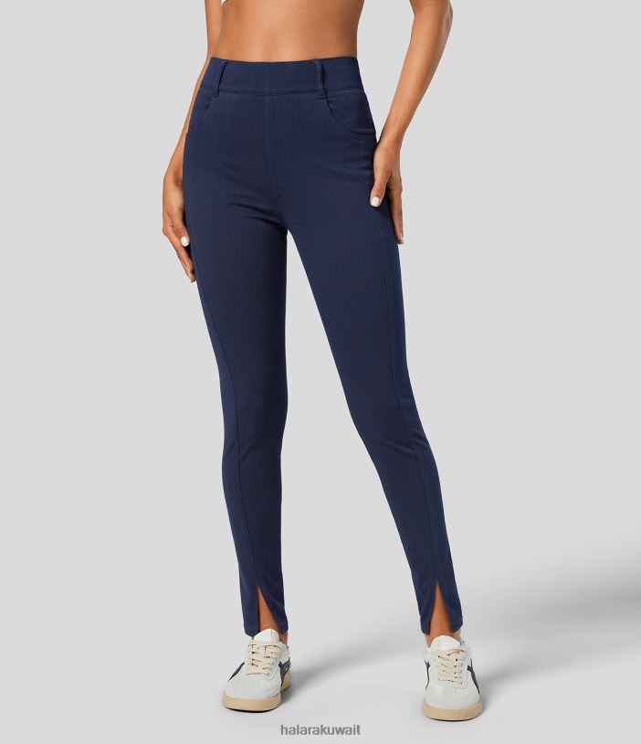 ملابس الحبر الأزرق الدنيم TDP4N1380 نحيف Halara سروال داخلي كاجوال من قماش الدنيم المنسوج القابل للتمدد بخصر عالٍ وجيب جانبي سحري