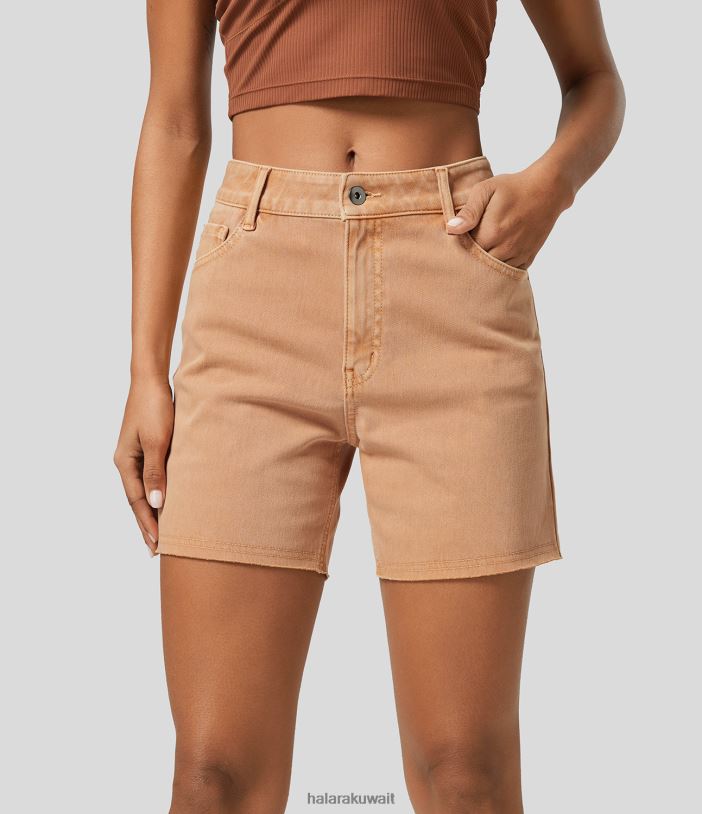 ملابس الدنيم البرتقالي المرجاني TDP4N1381 نحيف Halara شورت كاجوال من قماش الدنيم بسحاب متوسط ​​الارتفاع وجيوب متعددة ملونة وقابلة للتمدد مقاس 3 بوصات