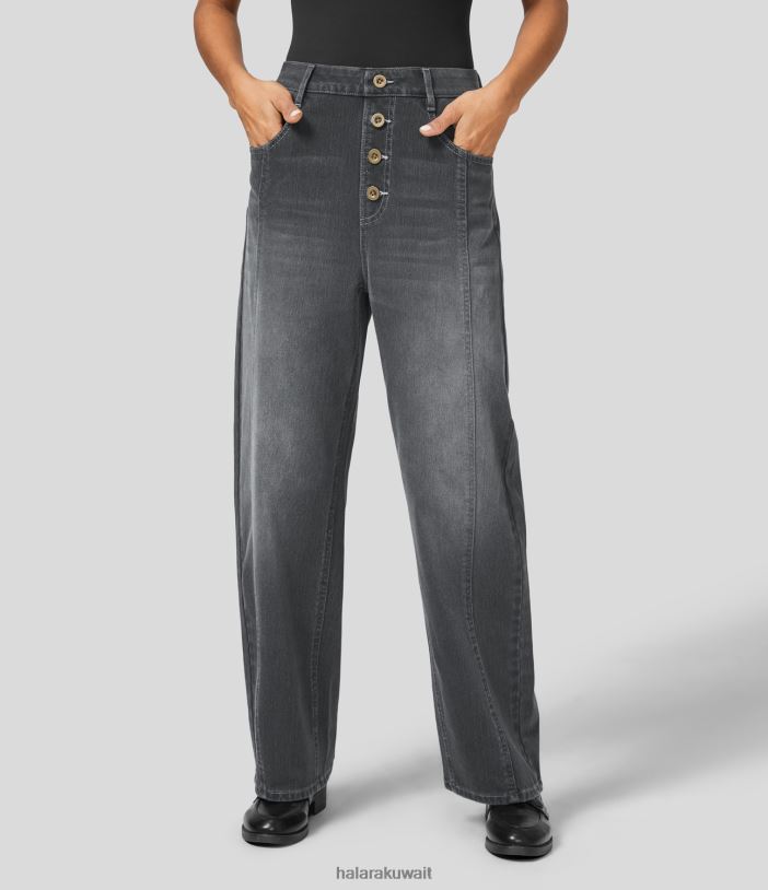 ملابس الدنيم الرمادي الساطع TDP4N1383 نحيف Halara جينز سحري عالي الخصر وأزرار زخرفية وجيوب متعددة وساق مستقيمة ومغسولة ومتماسكة وقابلة للتمدد كاجوال بوي فريند