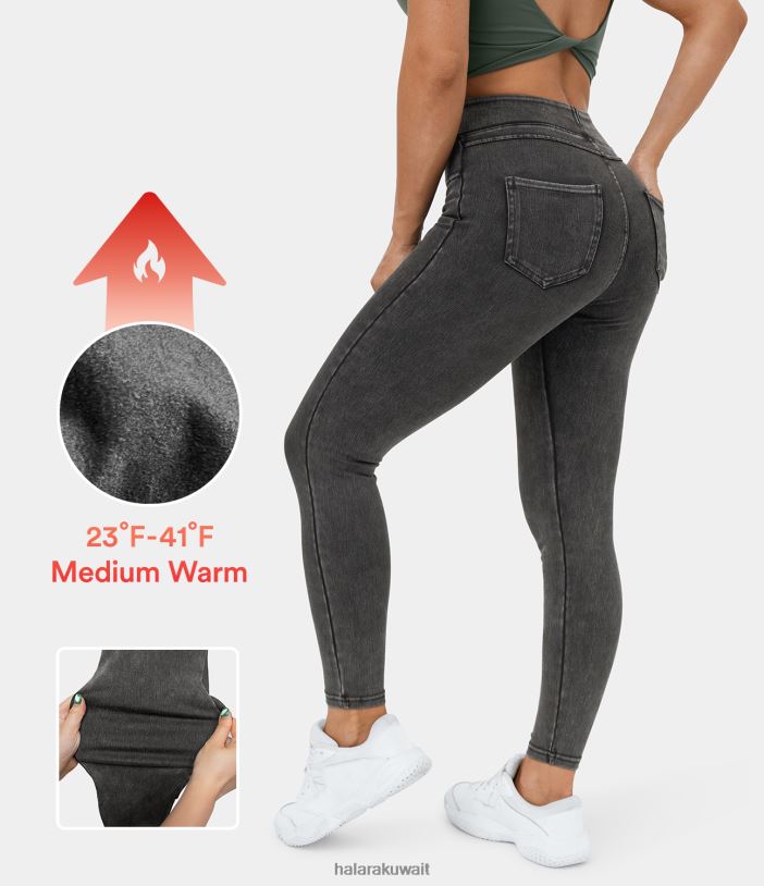 ملابس الدنيم الأسود TDP4N1384 نحيف Halara سروال داخلي سحري عالي الخصر وجيب جانبي خلفي من نسيج الدنيم الصوفي القابل للتمدد