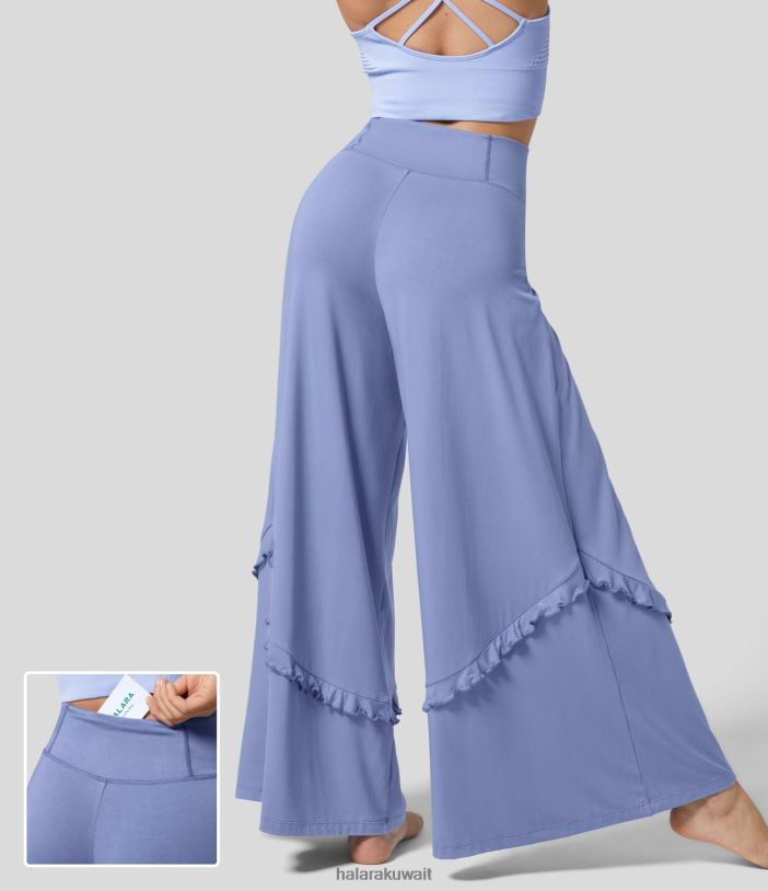 ملابس الدنيم المبيض TDP4N138 نحيف Halara سروال كاجوال متوسط ​​الارتفاع بجيب خلفي مكشكش وواسع الساق