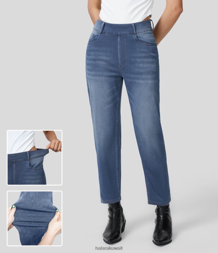 ملابس الدنيم الأزرق المبيض TDP4N1393 نحيف Halara بنطال جينز مدبب كاجوال بخصر عالٍ ومتعدد الجيوب ومغسول ومطاط