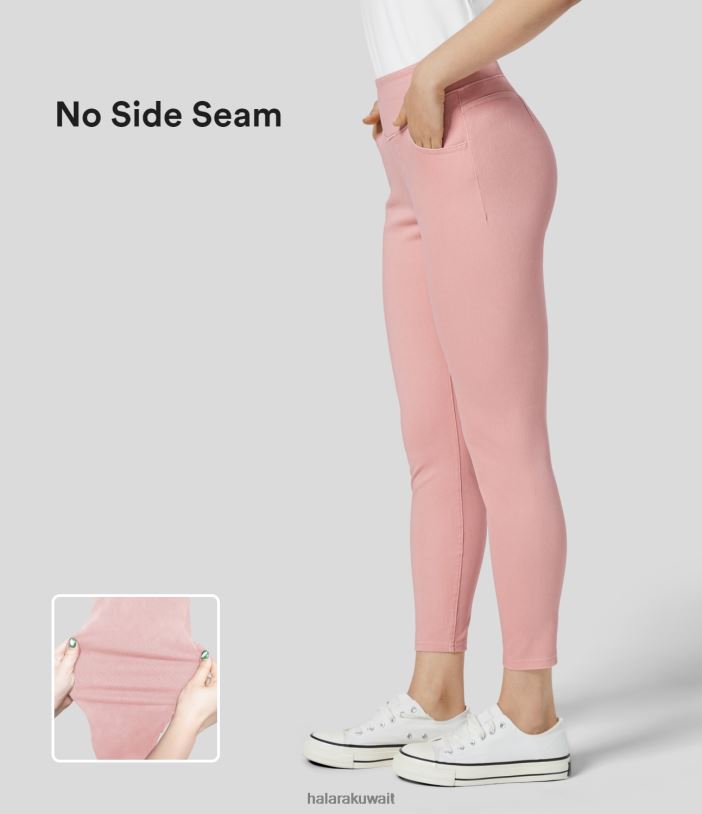 ملابس الدنيم الأحمر عباد الشمس TDP4N1396 نحيف Halara سروال داخلي سحري عالي الخصر وجيب جانبي مغسول وملون ومطاط من قماش الدنيم الكاجوال 7/8