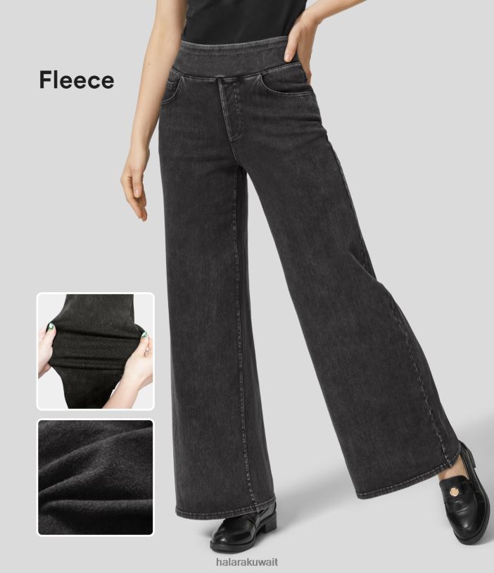 ملابس الدنيم المغسول باللون الأسود TDP4N1398 نحيف Halara جينز سحري عالي الخصر وجيوب متعددة وساق مستقيمة ومتماسكة ومطاطة من الصوف الكاجوال