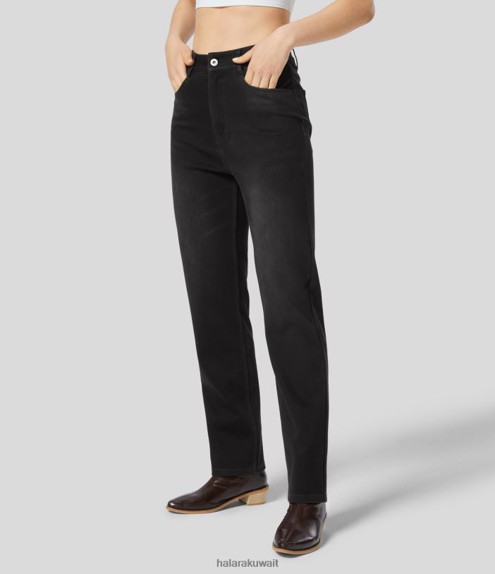 ملابس الدنيم الأسود TDP4N1400 نحيف Halara جينز كاجوال بخصر عالٍ وسحاب وجيوب متعددة وساق مستقيمة ومنقوشة من الصوف ومتماسكة وقابلة للتمدد
