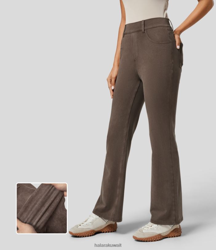 ملابس الدنيم البني TDP4N1406 نحيف Halara بنطال جينز كاجوال بخصر عالٍ وجيوب متعددة ومغسول وملون ومطاط