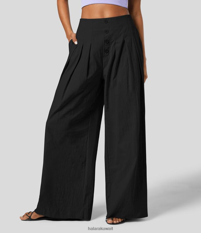 ملابس أسود TDP4N140 نحيف Halara بنطلون قطني كاجوال بخصر عالٍ وجيب جانبي وساق واسعة