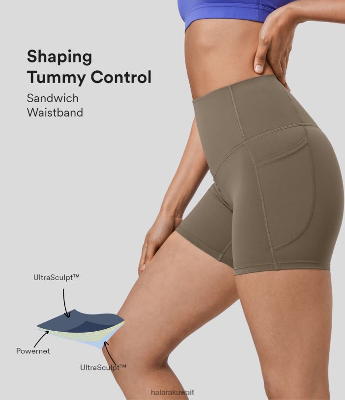ملابس رياضية بني الفجر TDP4N1418 نحيف Halara شورت Socinched عالي الخصر للتحكم في البطن وجيب جانبي للتدريب على راكبي الدراجات مقاس 5 بوصة