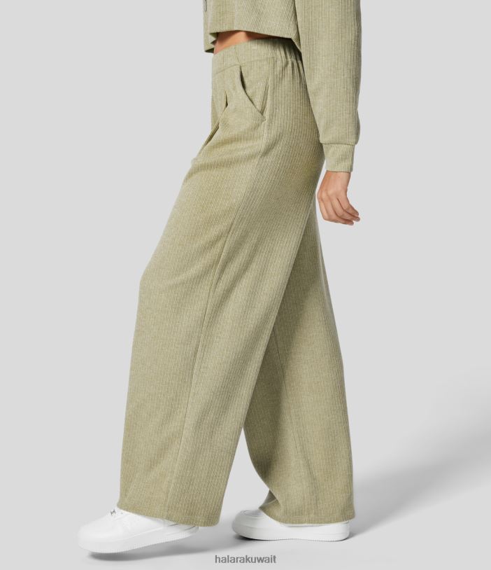 ملابس الأخضر الرمادي TDP4N141 نحيف Halara بنطال كاجوال مضلع بخصر عالٍ وجيب جانبي مطوي وواسع الساق