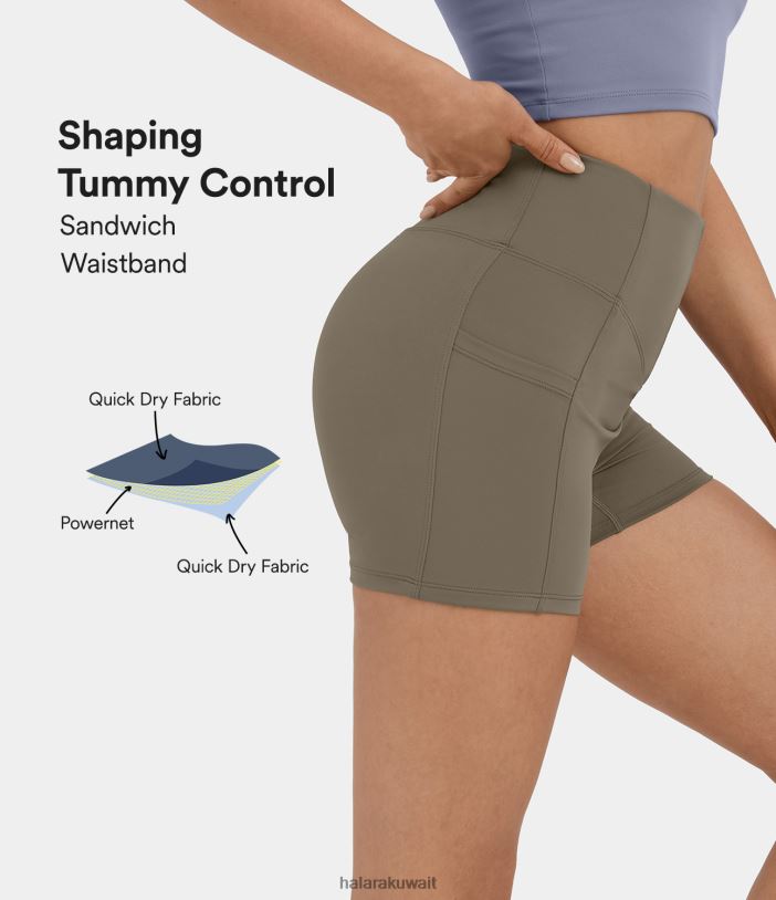 ملابس رياضية بني القش TDP4N1428 نحيف Halara شورت عالي الخصر على شكل حرف V وحزام خصر للتحكم في البطن وجيب جانبي لراكبي الدراجات النارية لليوجا 3 بوصة