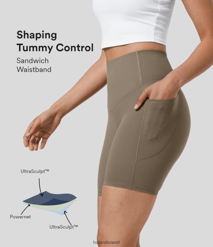 ملابس رياضية بني الفجر TDP4N1429 نحيف Halara شورت Socinched عالي الخصر للتحكم في البطن وجيب جانبي للتدريب على راكبي الدراجات مقاس 7 بوصة