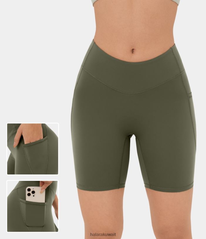 ملابس رياضية العشب الرمادي الأخضر TDP4N1430 نحيف Halara شورت Softlyzero عالي الخصر من القطيفة بجيب جانبي على شكل حرف V لراكبي الدراجات النارية لليوجا 7 بوصات