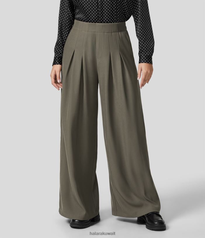 ملابس رمادي حجري TDP4N143 نحيف Halara بنطال عمل واسع الساق بجيب جانبي مطوي وخصر مرتفع