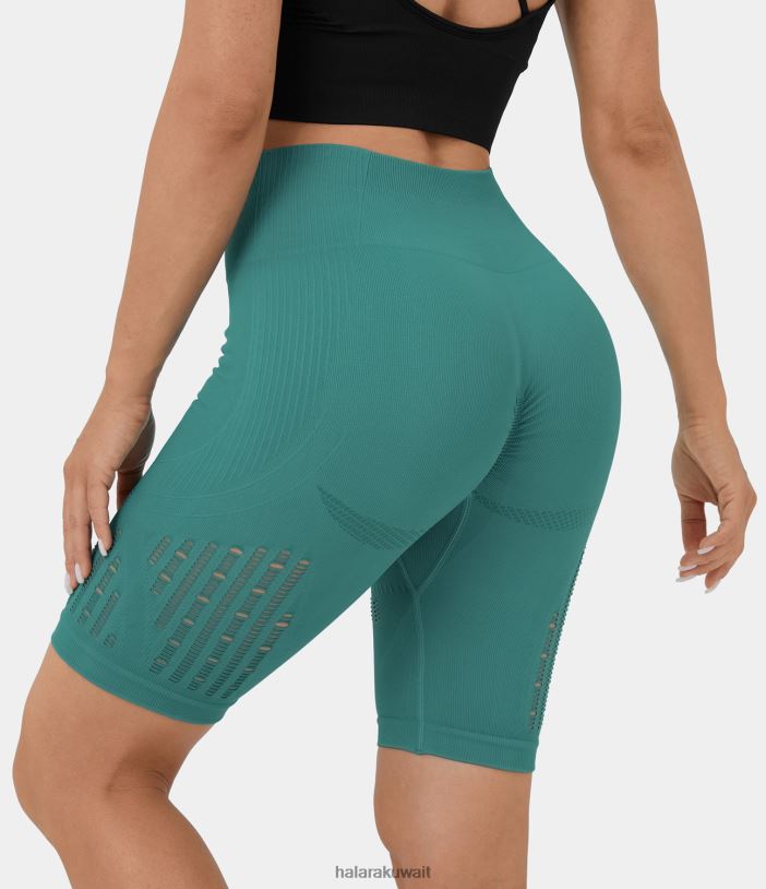 ملابس رياضية لائحة الأخضر والأزرق TDP4N1446 نحيف Halara شورت يوجا لراكبي الدراجات النارية بخصر عالٍ ومكشكش ومتدفق بدون درزات مقاس 8 بوصات