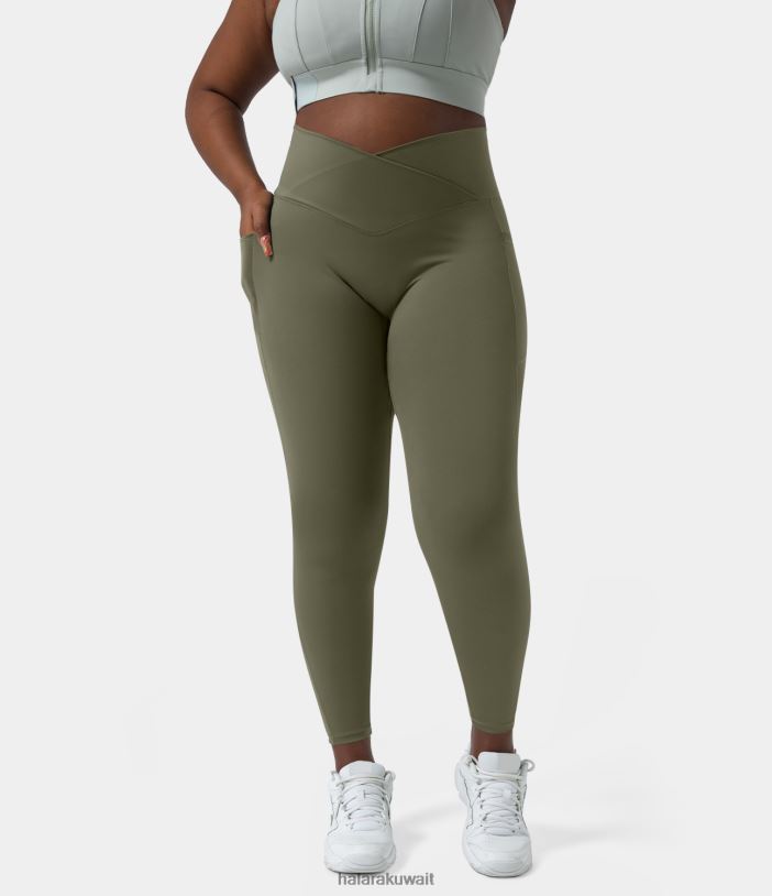 ملابس رياضية العشب الرمادي الأخضر TDP4N1449 نحيف Halara Softlyzero بنطال ضيق عالي الخصر وجيب جانبي عادي بالإضافة إلى مقاس كامل الطول