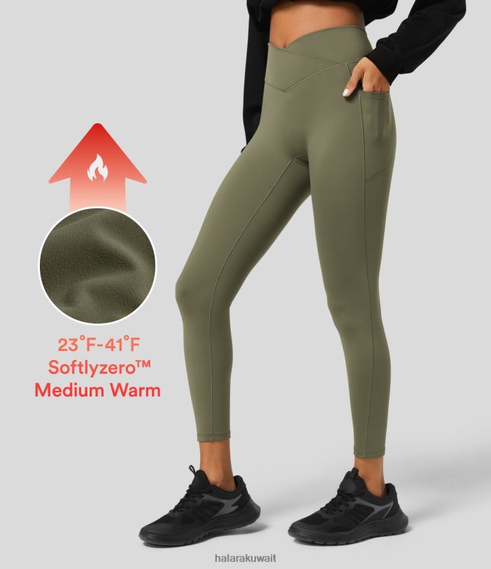 ملابس رياضية العشب الرمادي الأخضر TDP4N1459 نحيف Halara سراويل يوجا من الصوف الناعم ذات خصر عالٍ وجيب جانبي متقاطع