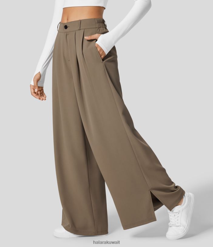 ملابس لون بني داكن TDP4N147 نحيف Halara سروال عمل ذو خصر عالٍ وسحاب وجيب جانبي مطوي وحاشية مقسمة وساق واسعة