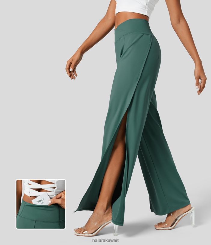 ملابس شجرة التنوب الزرقاء TDP4N148 نحيف Halara بنطال كاجوال بخصر عالٍ وجيب خلفي مقسم وساق واسعة