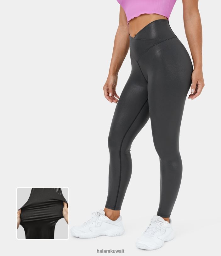 ملابس رياضية غسق أسود لامع TDP4N1502 نحيف Halara Softlyzero سراويل ضيقة كاجوال قابلة للتمدد من الجلد الصناعي وجيب خلفي وطباعة فويل