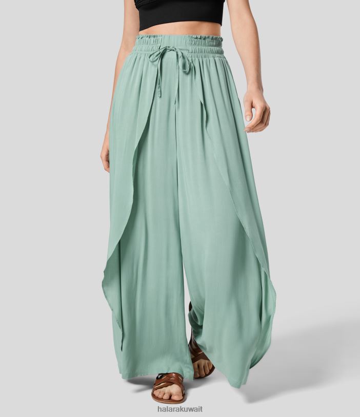 ملابس سماوي دخاني TDP4N151 نحيف Halara سروال Palazzo غير رسمي ذو خصر عالٍ ورباط وجيب جانبي مطوي وواسع الساق