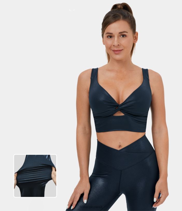 ملابس رياضية لامعة منتصف الليل الأزرق TDP4N1540 نحيف Halara حمالة صدر رياضية لليوجا قابلة للتمدد من الجلد الصناعي ذات دعم منخفض ومقصوصة ملتوية بدون ظهر وطباعة فويل قابلة للتمدد