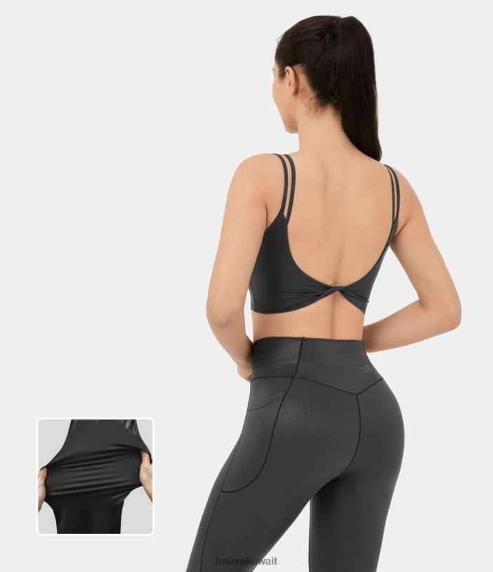 ملابس رياضية غسق أسود لامع TDP4N1547 نحيف Halara سترة علوية لليوجا من الجلد الصناعي بأشرطة مزدوجة بدون ظهر وطباعة رقائق ملتوية وقابلة للتمدد من Softlyzero